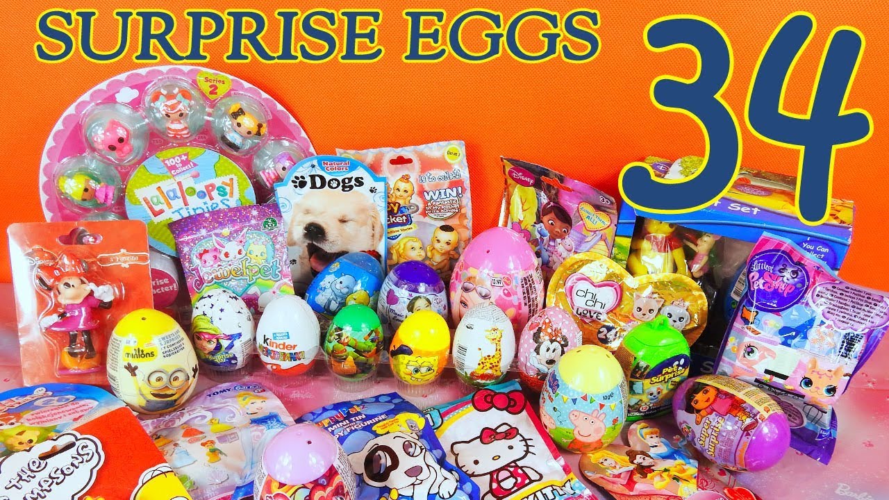 surprise egg toys 34 Surprise Eggs Lalaloopsy Spongebob Minions Petshop Simpsons Dogs Dora Pony Toys TheSurpriseEggs