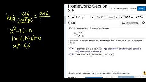 Domain of the Rational Function h(x) = (x + 6)/(x^2 - 36) MyMathlab Homework