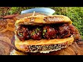 Big beef balls sandwich prepared and cooked in the forest asmr campfirecamping