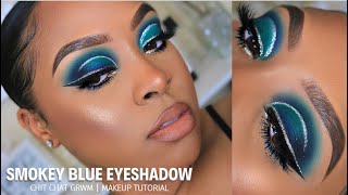 BOLD BLUE SMOKEY EYE  + FLAWLESS FOUNDATION + NUDE LIP MAKEUP TUTORIAL