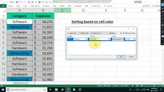 How to sort cell based on color in excel