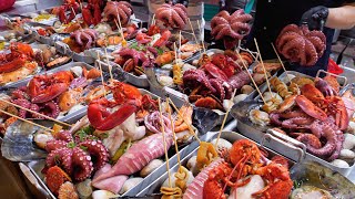 Вкусные блюда из морепродуктов, сашими, королевский краб, моллюски на гриле | Корейская уличная еда