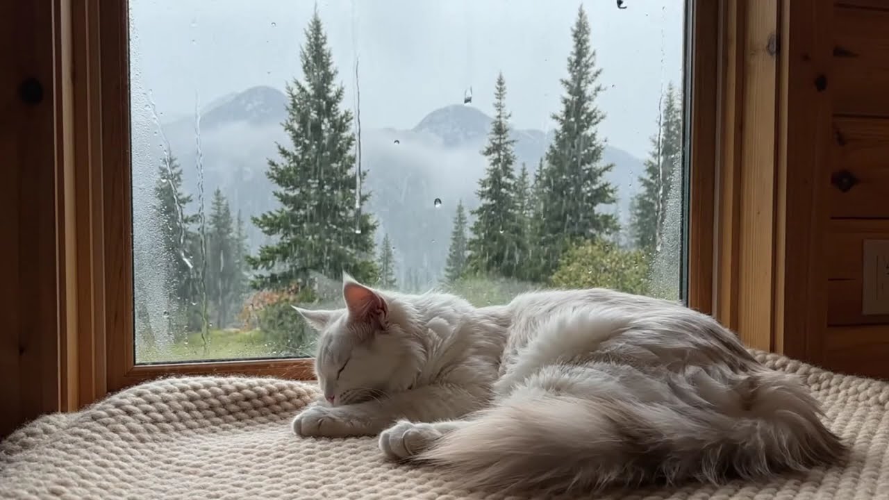 🌧️ Deep Sleep with Cozy Mountain Cabin Ambience 4K | Peaceful Sleeping Cat