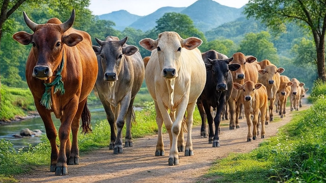 Gembala Sapi Lembu Berlarian di jalan, Suara Sapi Moo, Sapi Lucu Beramai-ramai Berjalan Di Jalan