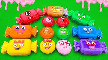 Rainbow Candy Looking Cocomelon, Pinkfong Hogi, Numberblocks, Alphablocks in Slime Eggs Mix Colorful