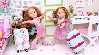 Doll sisters pack travel bags to visit grandma! Play Toys travel routine!