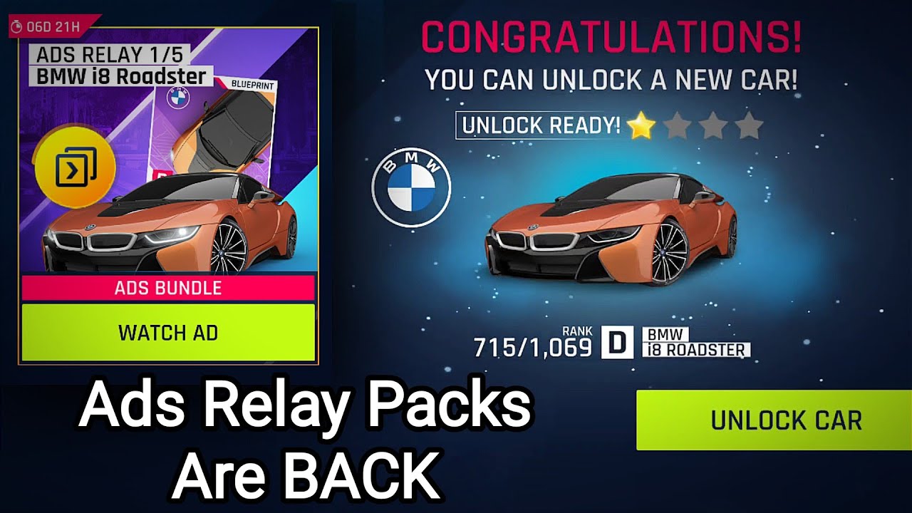 Asphalt 9: Ads Relay Packs - Unlocking BMW i8 Roadster - Full Throttle ...