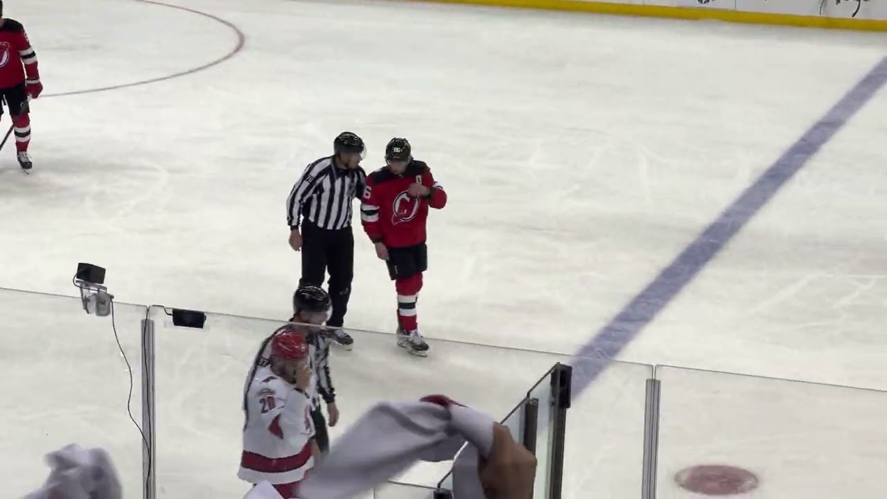 Jack Hughes NJ Devils BODYSLAMS Sebastian Aho IN ARENA CAM Devils Hurricanes Game 3