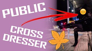 Crossdresser Alexandra Autumn Public Walking In Boots Hose And Black Dress