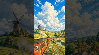 Dreamy Countryside Train Ride Under Giant Clouds 🚂🌻 #shorts #ytshorts