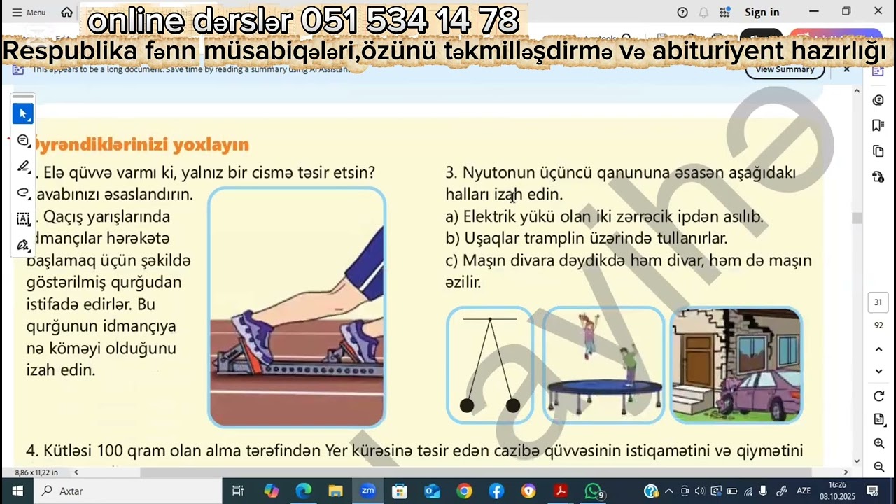 8-ci sinif YENİ Dərslik Nyutonun üçüncü qanunu TAPŞIRIQLARIN İZAHI səh 27 28 29 #learnfast #exam