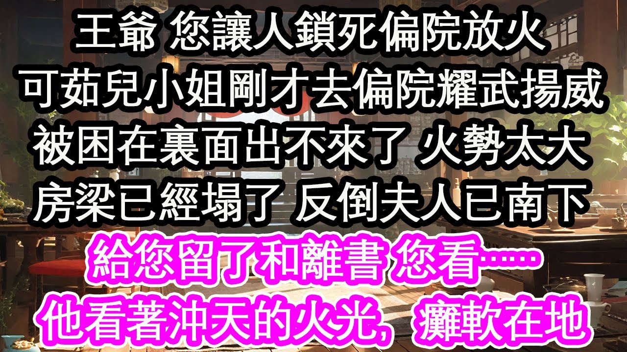 王爺 您讓人鎖死偏院放火可茹兒小姐剛才去偏院耀武揚威被困在裏面出不來了 火勢太大房梁已經塌了 反倒夫人已南下給您留了和離書 您看……他看著沖天的火光，癱軟在地【花開】【愛情】【生活】