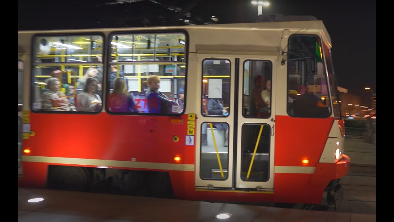 Poland, Katowice, tram 11 night ride from Chorzów Rynek to Rondo