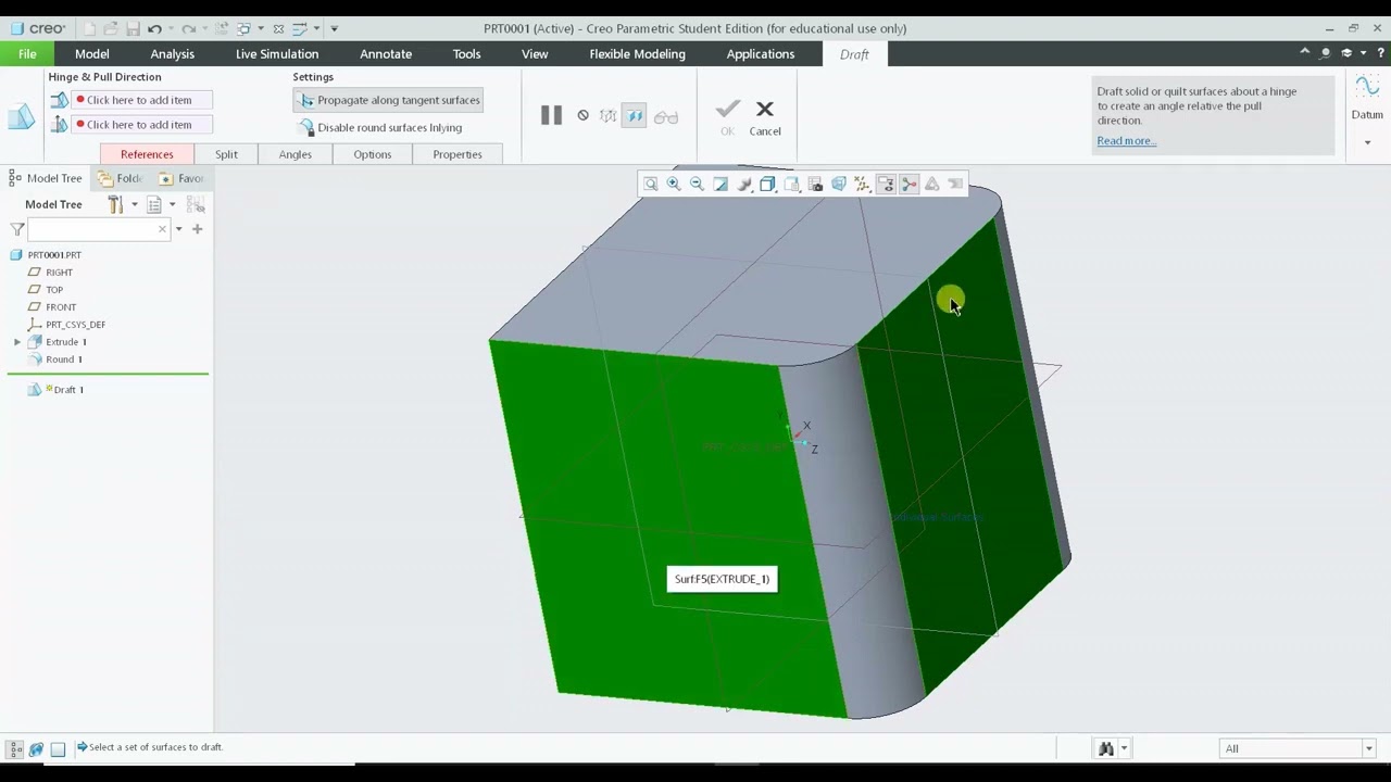 Propagate Draft along Tangent Surface Creo Parametric