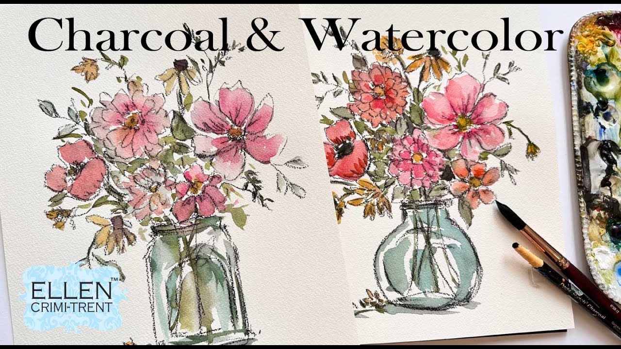 Watercolor & Charcoal Vintage Flowers Tutorial YouTube