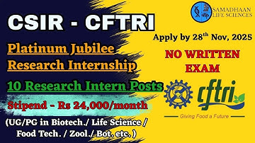 CSIR-CFTRI Research Internship 2025 🔬 | ₹24,000 Stipend | UG/PG Eligible | 10 Posts | No Exam