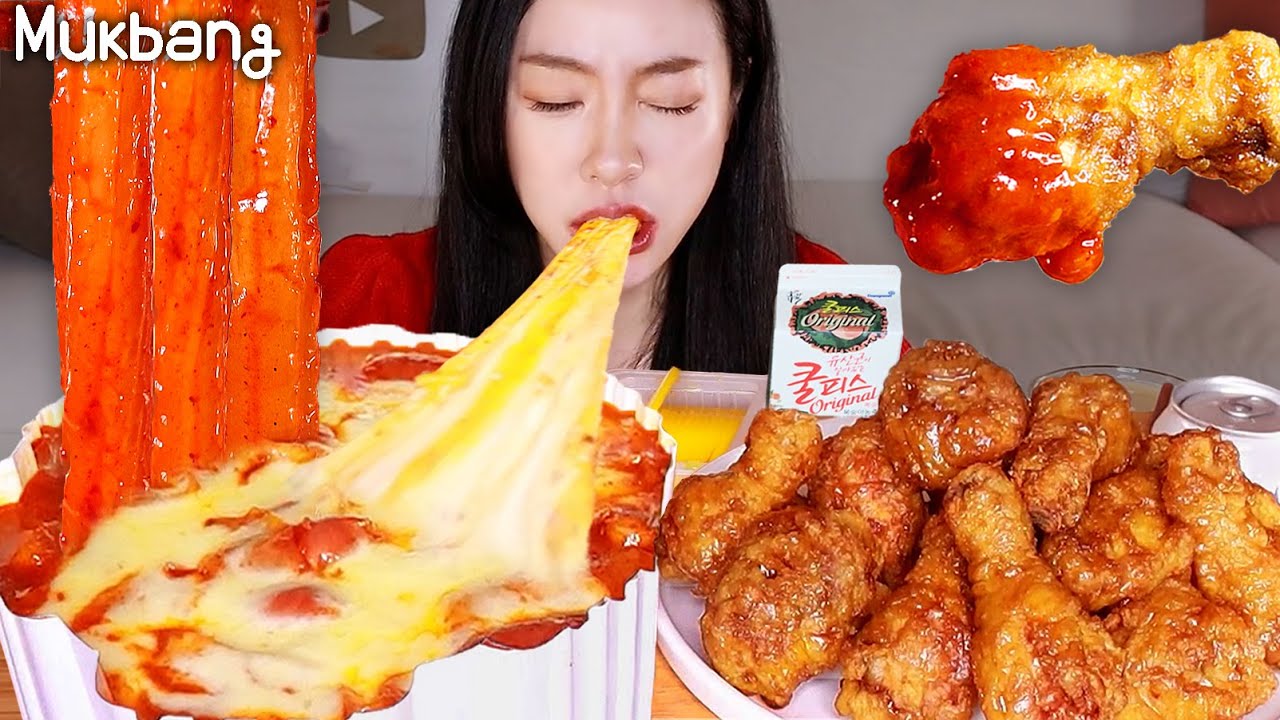 Горячий сыр Ттеокбокки и медовый комбо жареной курицы ASMR MUKBANG