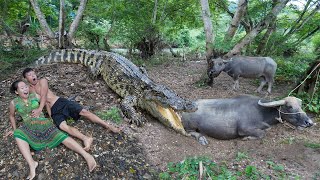 Primitive Technology: Cooking Crocodile - Survival in the forest meet Big Crocodile vs Buffalo