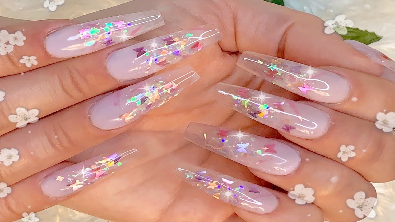 🦋 Encapsulated Butterfly Glitter Ombré Acrylic Nails W/ Glass Tip 🦋 - You...