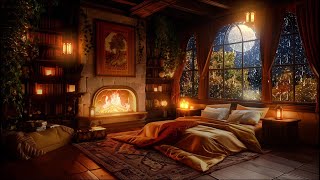 Heavy Thunderstorm in a Cozy Castle Room Haven with Rain and Fireplace Sounds To Sleep Instantly