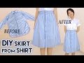 DIY Turn Old Shirt Into Skirt | Button Front A Line Midi Skirt | Clothes Transformation Upcycle