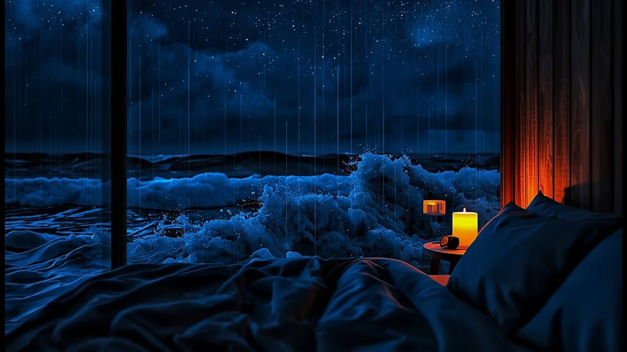 LIVE 🌧️ Night Ocean Waves & Heavy Rain | Cozy Glass Cabin ASMR for Deep Sleep