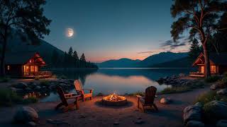 Serenity Found: Lakeside Cabin Night by the Campfire and Crickets Sounds For Relaxing