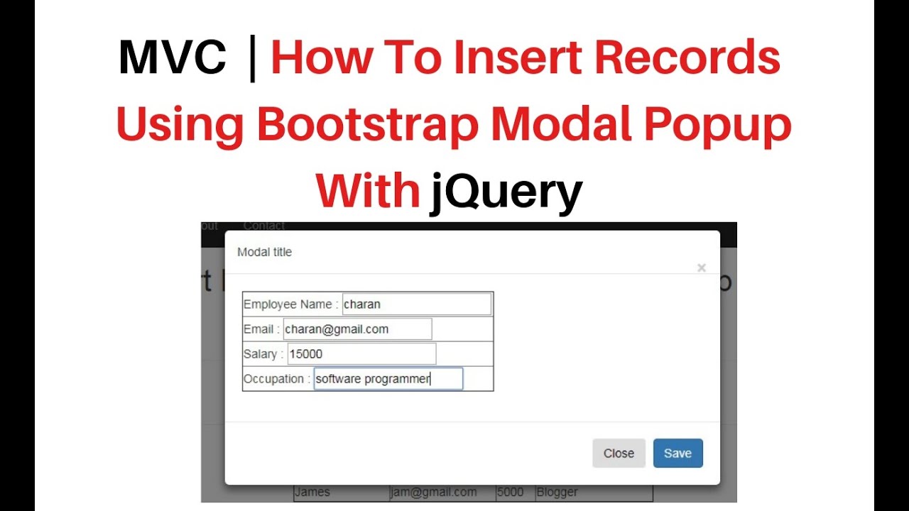 mvc jquery  ajax insert records with modal popup bootstrap 4 - YouTube