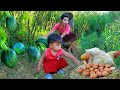 Wild Women - Mother With children find Watermelon meet Big White chicken & egg - Eat Watermelon HD