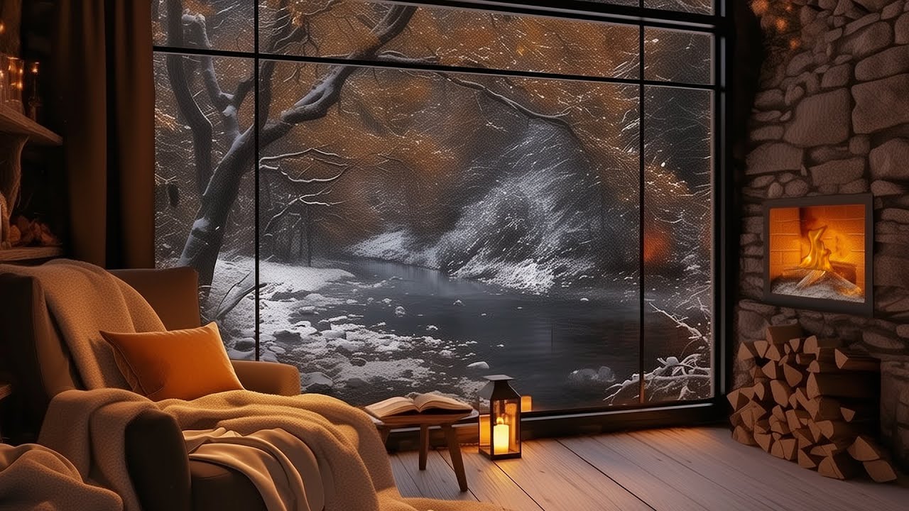 Cozy Winter Cabin Ambience ❄️ Snowfall, Jazz Tunes, and Fireplace Warmth