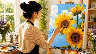 How to Paint Bright Sunflowers Under a Blue Sky | Easy Acrylic Painting Tutorial