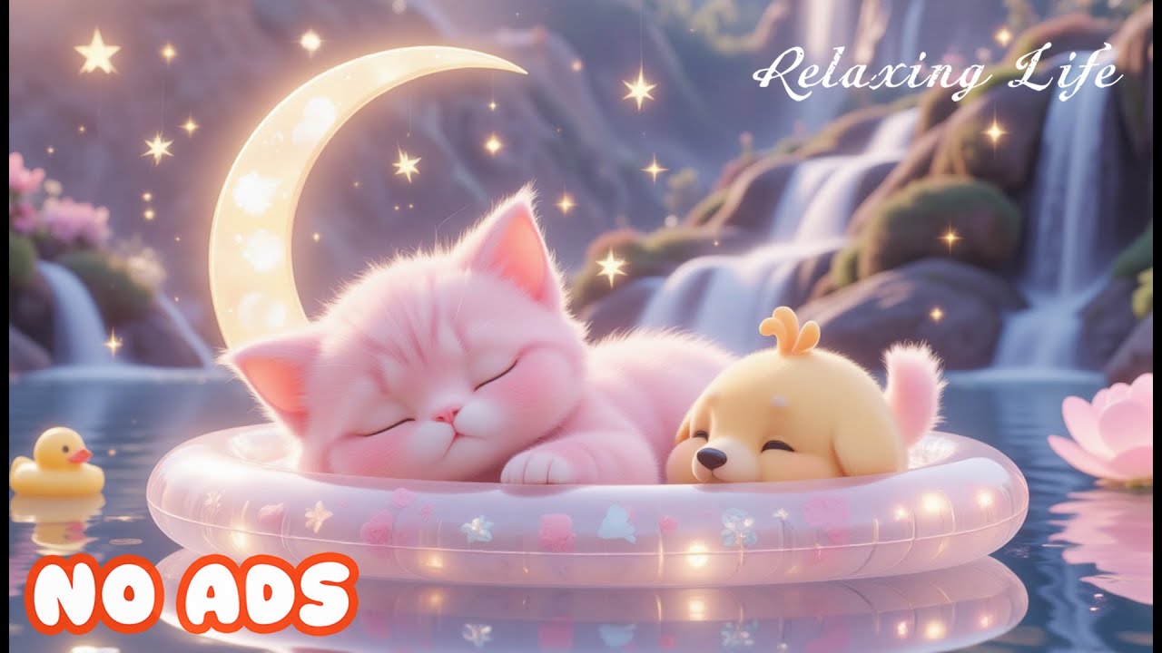 Sleepy Animals Under the Moon 🌙 | Cute Cat & Puppy Floating with Relaxing Lullaby Music for Sleep