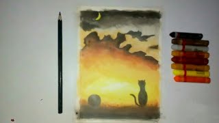 Oil Pastel Drawing for Beginners | Sunset Scenery Drawing with Cat | How to Draw Sunset step by step