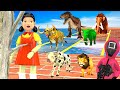 Lion, Cow Cartoon, Tiger Bull, Elephant, T-rex, Woolly Mammoth Vs Squid Game Glass Bridge Scene