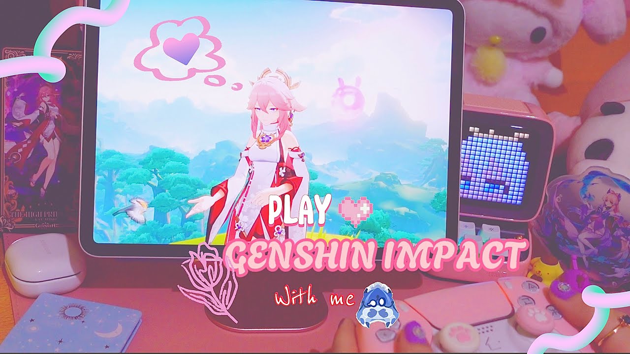 Playing Genshin Impact on a cozy ipad setup with controller🌸 (35 mins of gameplay ambience)