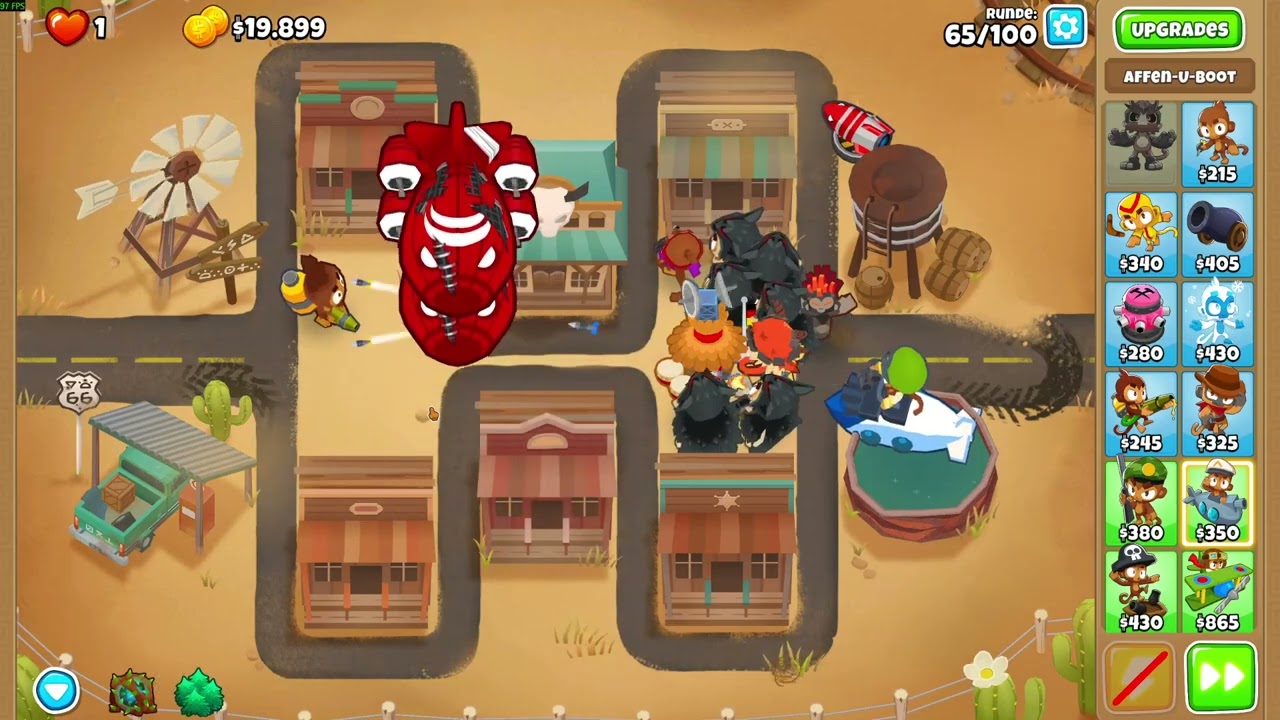Bloons TD 6 Schimpansen Taktik auf Strassenmitte