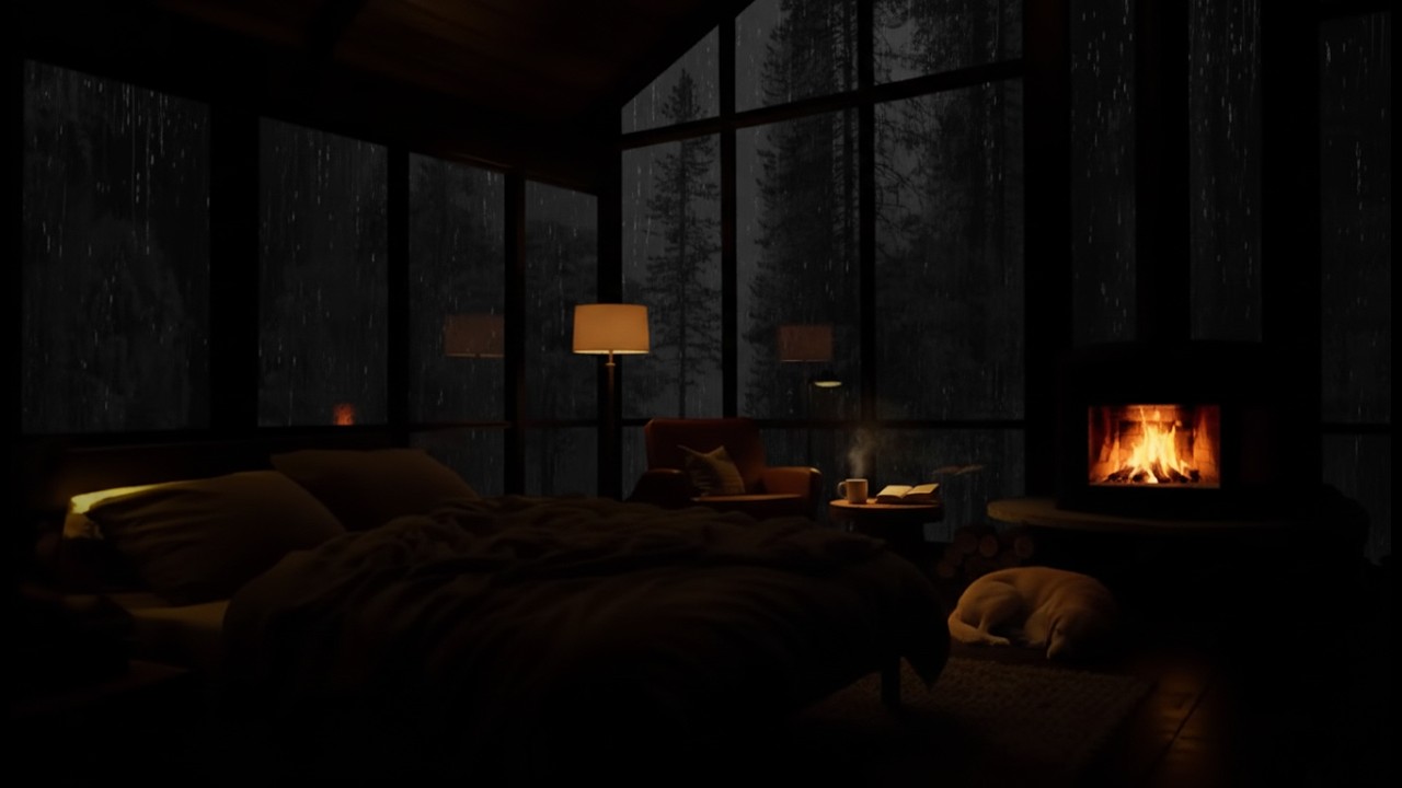 Peaceful Rainy Cabin Night 🔥 Soft Fireplace for Instant Calm