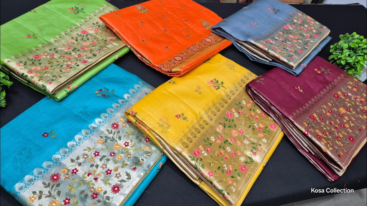 Trending Embroidery Pure Kosa Silk Saree | Tussar Silk Embroidery Saree | Kosa Collection & Printers