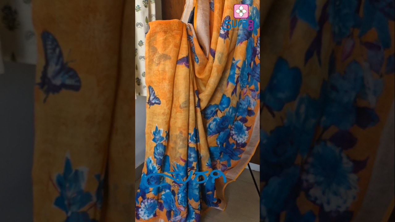 Elegant Linen Floral Print Saree with Butterfly Motifs. 