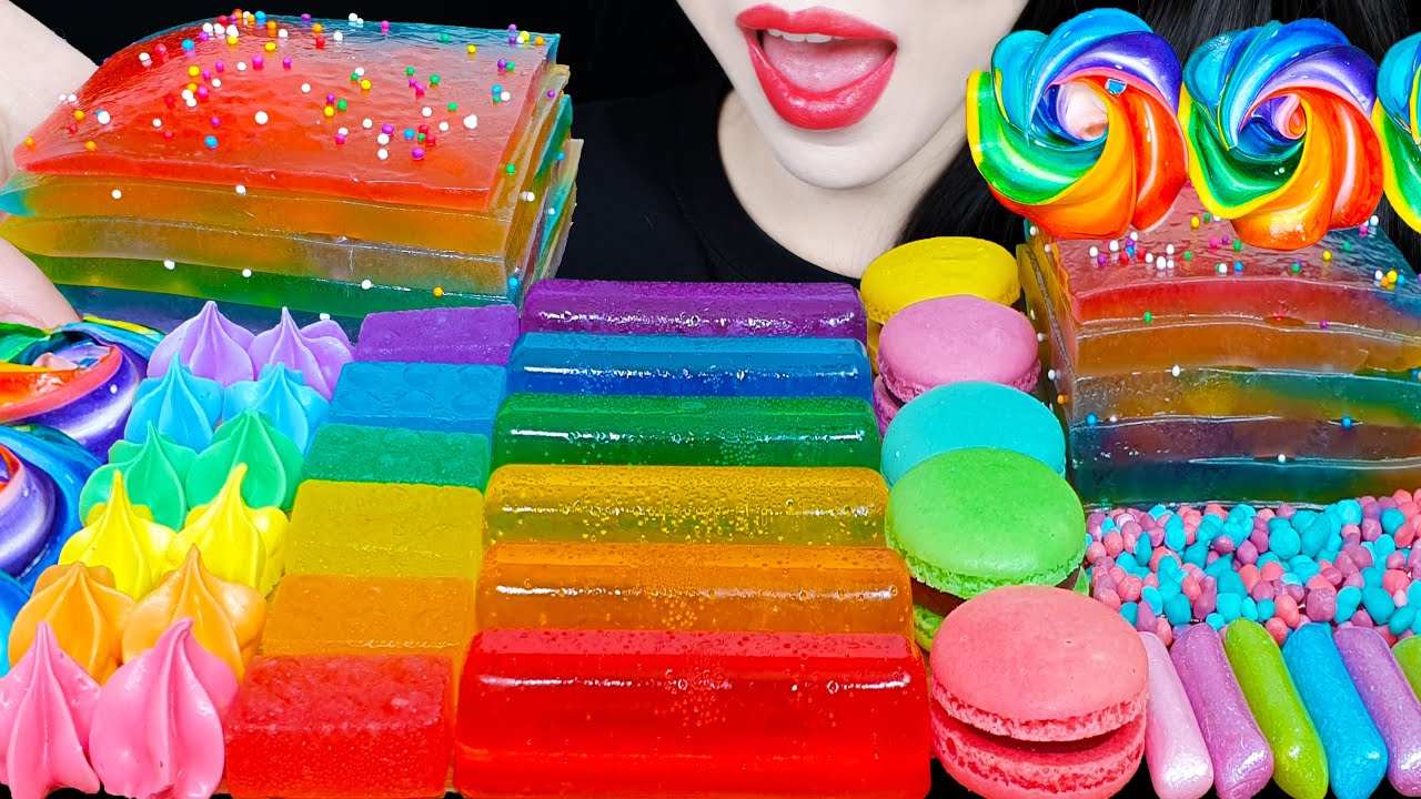 ASMR RAINBOW DESSERTS KOHAKUTO MERINGUE COOKIES MACARON NERDS ROPE 무지개