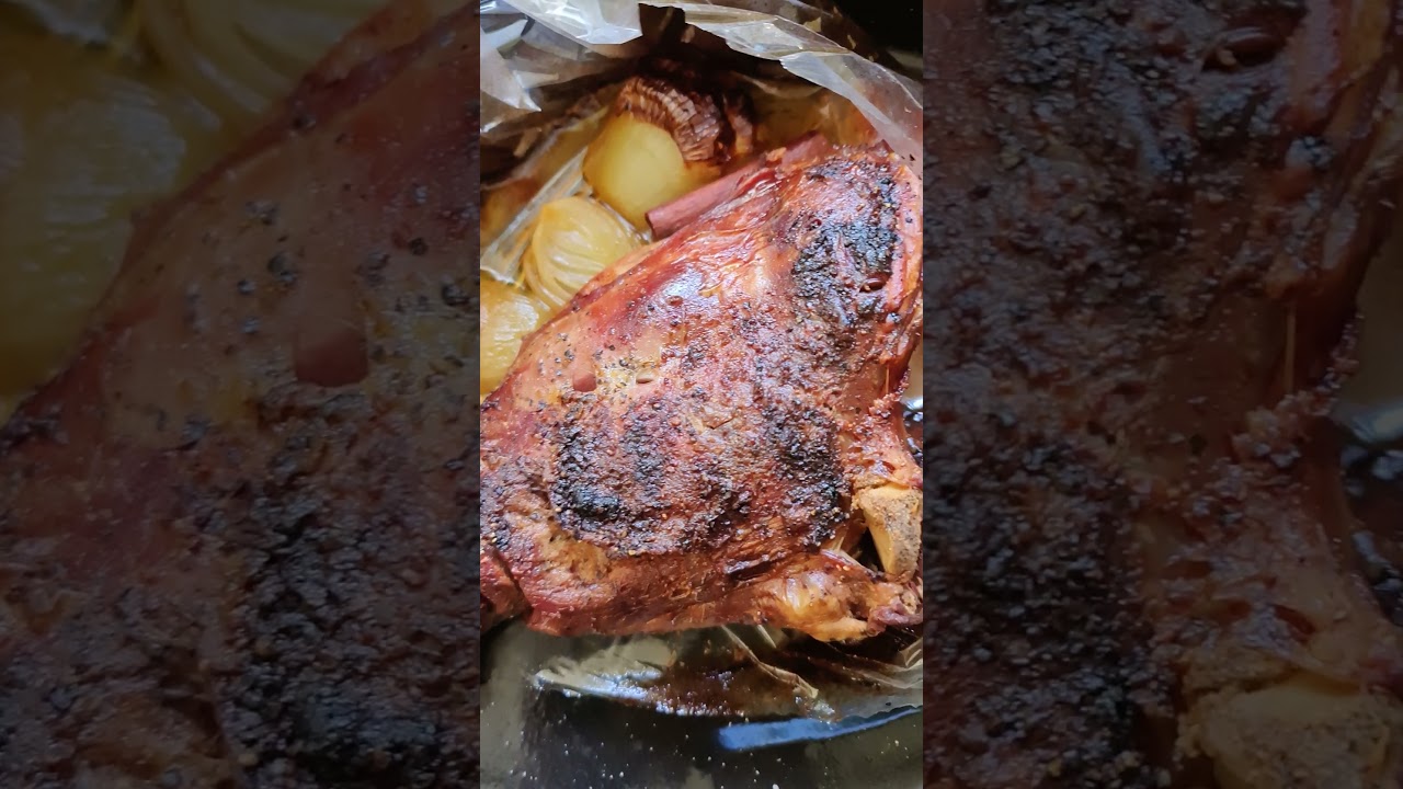 A leg of roasted wild goat fresh out of the oven. 