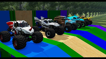 Triple Flatbed Trailer Monster Trucks Transport with Slide Color - Cars vs Speed bump - BeamNG.drive