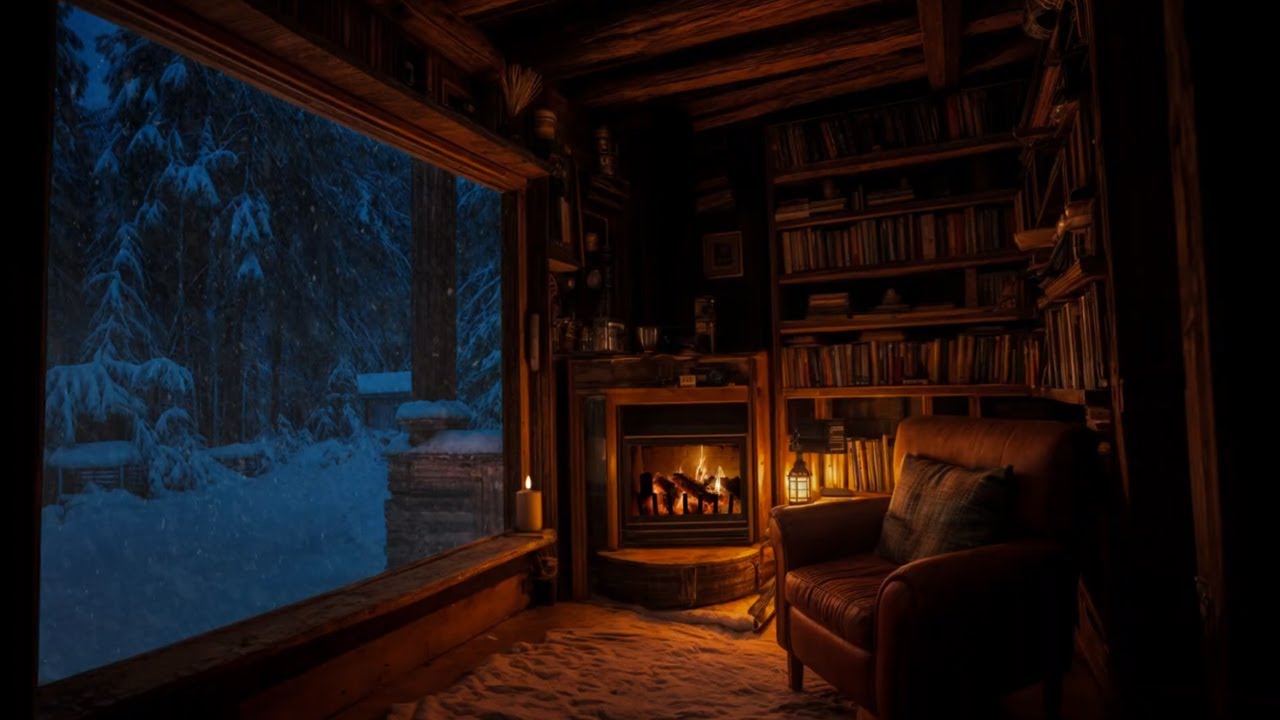 ❄️ Large Window Cabin Seat | Crackling Fireplace & Blizzard Sounds for Deep Relaxation