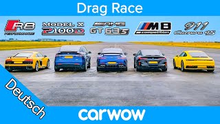 BMW M8 vs. Audi R8 vs. AMG GT 4-Türer vs. 911 vs. Tesla Model X: Drag-Race