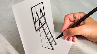 easy drawing on paper🪜how to draw 3d ladder & mirror😱