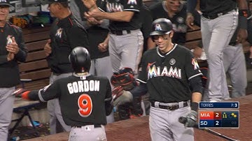 MIA@SD: Bour and Gordon score on a throwing error