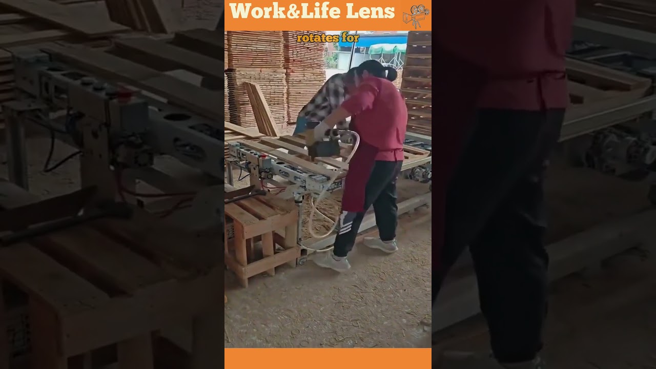 Two workers assemble pallets with a pneumatic nail gun as an automated jig rotates for efficiency.
