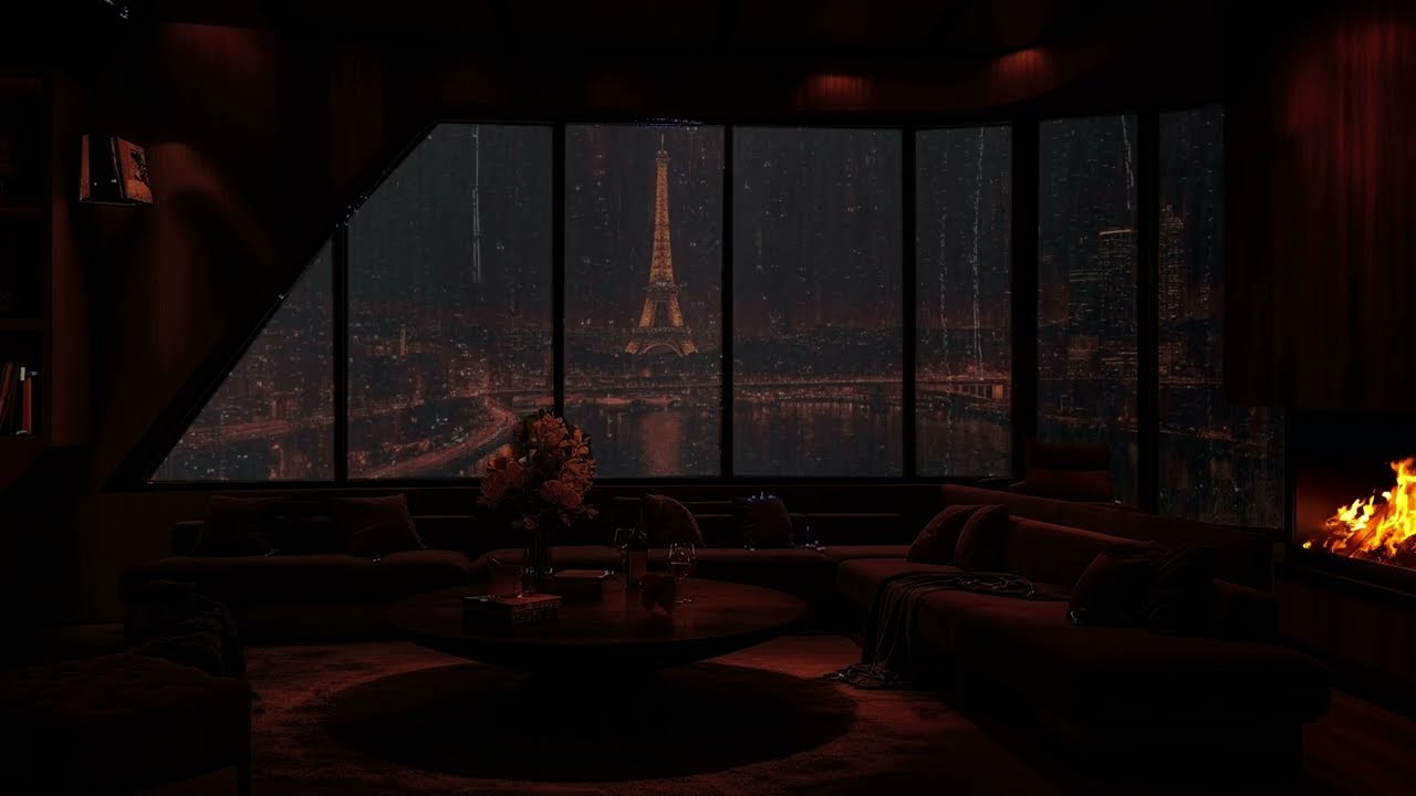 Midnight Rain Thunder Fireplace White Noise for Stress Relief New York Night Calm