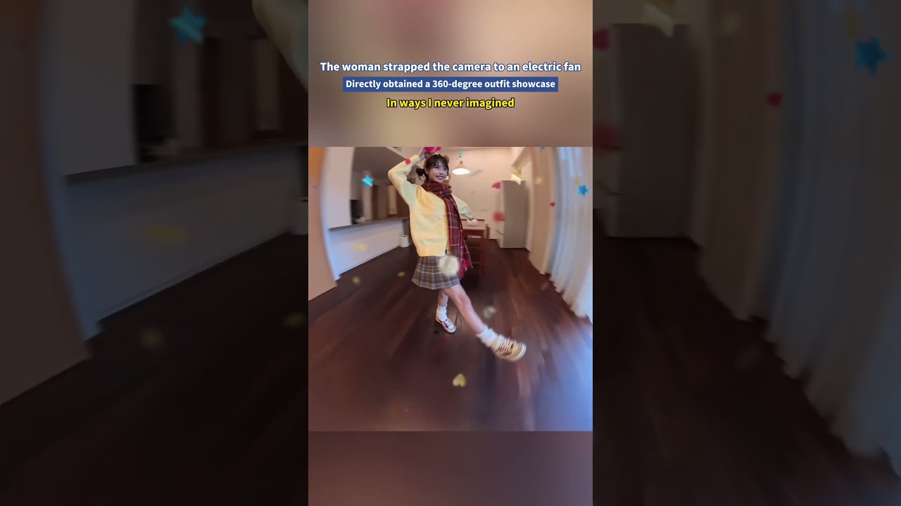 The woman strapped the camera to an electric fan,Directly obtained a 360-degree outfit showcase