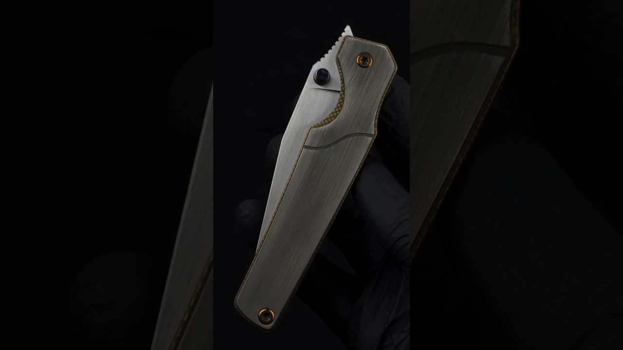 Dark thumbstud bowie - yellow — UNCOVSKY handcrafted Damascus folding knife
